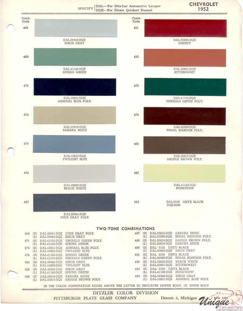 1952 Chev Paint Charts PPG 1
